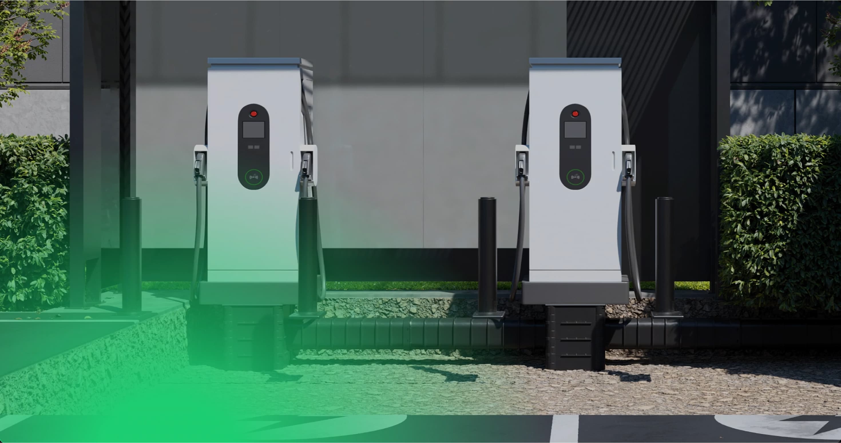 3D-rendering som viser hvordan E-Foundation brukes som fundament for elbilladere